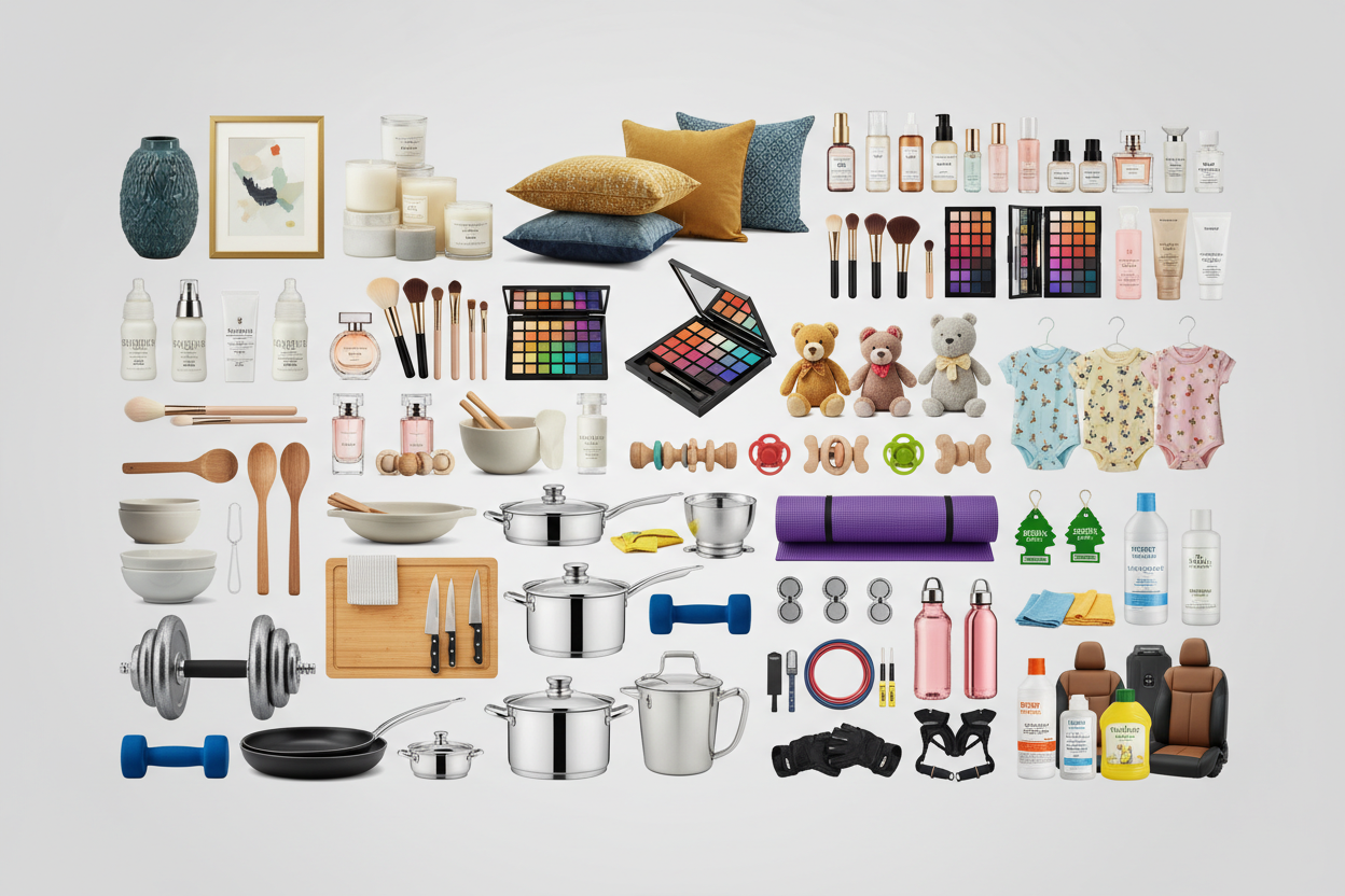 CREA UN COLAGE DE MUCHOS PRODUCTOS DE HOGAR, BELLEZA, ARTICULOS PARA BEBE, COSAS PARA LA COCINA, PRODUCTOS DE GIMNASIO, PRODUCTOS DE CARROS PERO QUE NO TENGA NADA COMESTIBLE